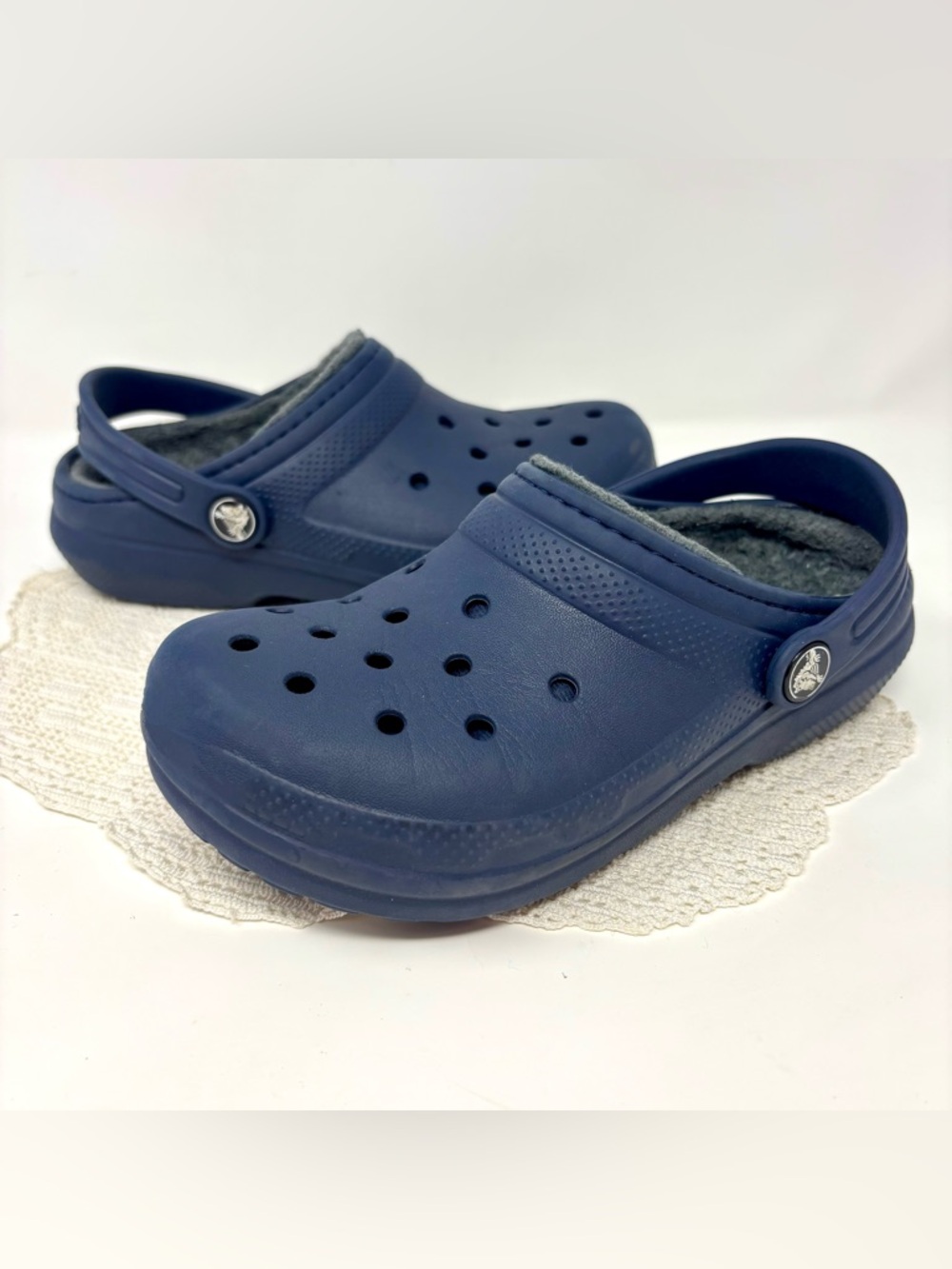Crocs Dual Comfort Dark Blue Faux Fur Lined Unisex Slip On Clogs Shoes Child 13